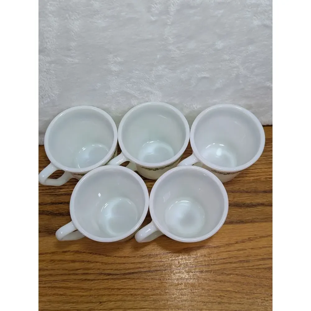 VTG Pyrex Spring Blossom Green Crazy Daisy Coffee Mugs Milk Glass Set 5